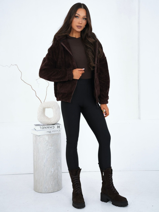 Ženska rjava jopa s kapuco in zadrgo