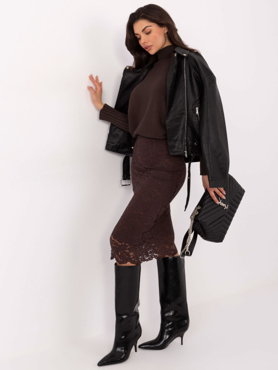 Elegantno midi krilo s čipko in podlogo, rjavo