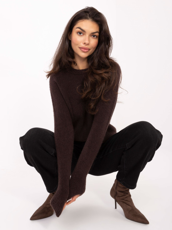 Rjav pulover iz alpake z okroglim izrezom