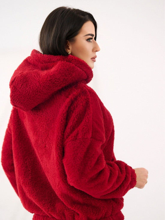 Ženska rdeča jopica s kapuco in žepom