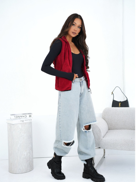 Ženska temno rdeča krznena brezrokavnica