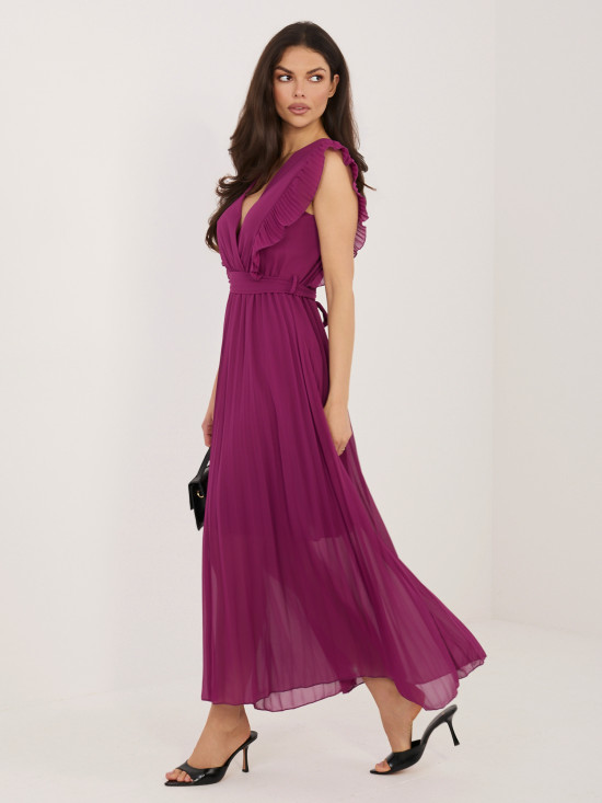 Razširjena midi obleka v temno vijolični barvi s pasom