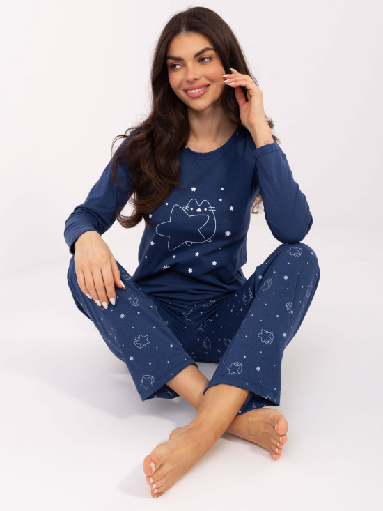 Ženska pižama z dolgimi rokavi v temno modri barvi