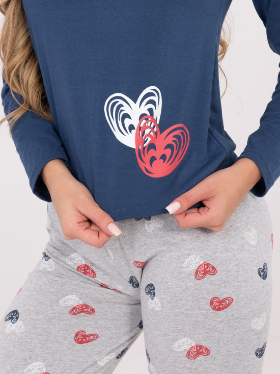 Ženska bombažna pižama s potiskom, temno modra