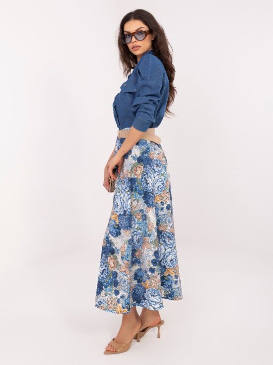 Elegantno midi krilo s cvetličnim vzorcem in pasom, temno modro