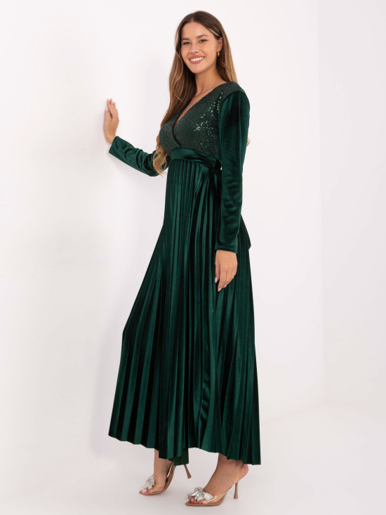 Elegantna maxi obleka s pasom in bleščicami, temno zelena
