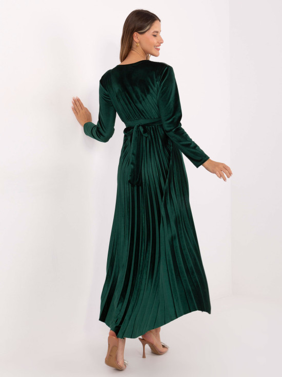 Elegantna maxi obleka s pasom in bleščicami, temno zelena