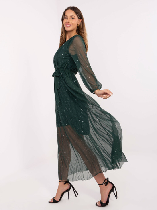 Elegantna maxi obleka s pasom v temno zeleni barvi