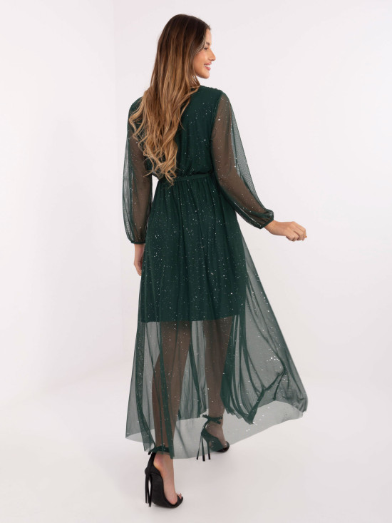 Elegantna maxi obleka s pasom v temno zeleni barvi