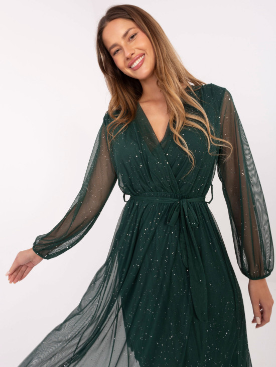 Elegantna maxi obleka s pasom v temno zeleni barvi