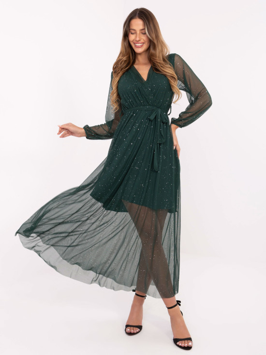 Elegantna maxi obleka s pasom v temno zeleni barvi