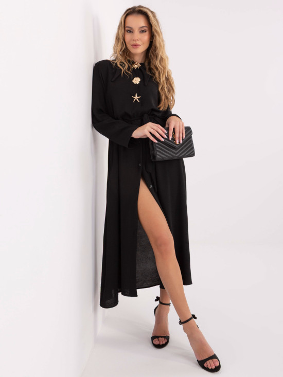 Črna razširjena midi obleka s pasom in broško