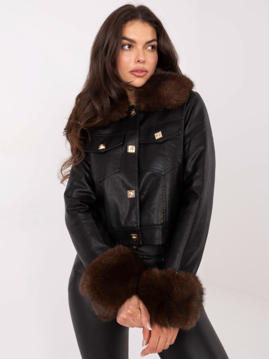 Kratka črna jakna iz umetnega usnja s podlogo