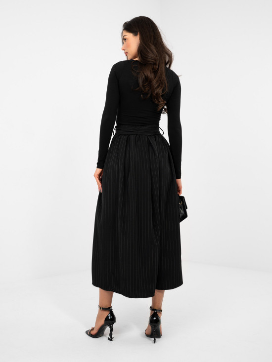 Elegantno črno midi krilo s pasom in žepi