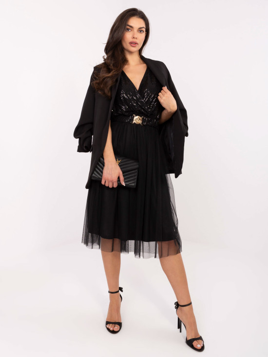 Črna midi obleka s pasom in bleščicami