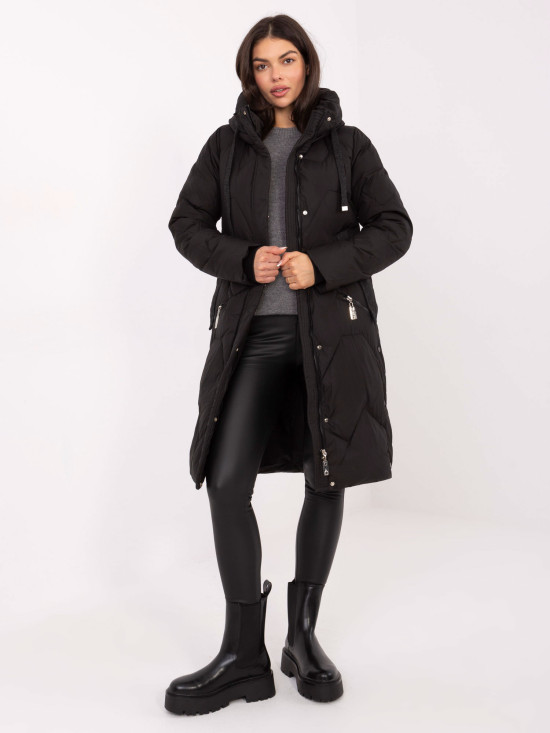 Dolg črn prešit plašč s kapuco