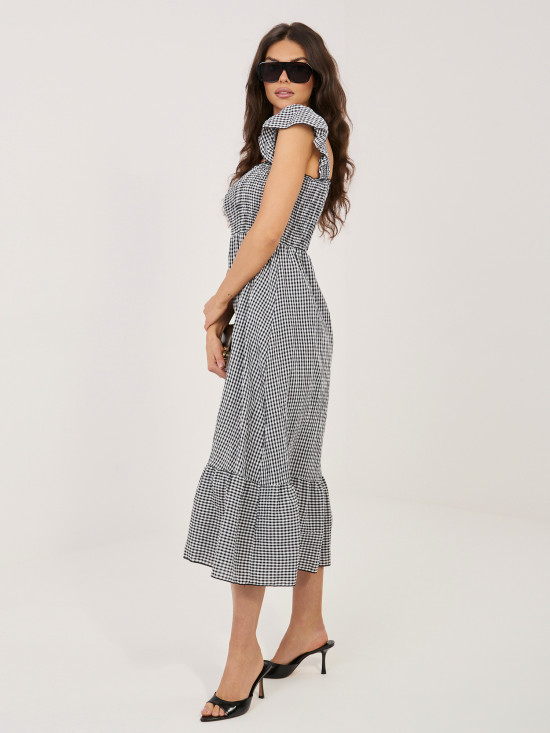 Črna midi obleka s karo vzorcem in volanom