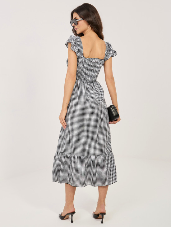 Črna midi obleka s karo vzorcem in volanom