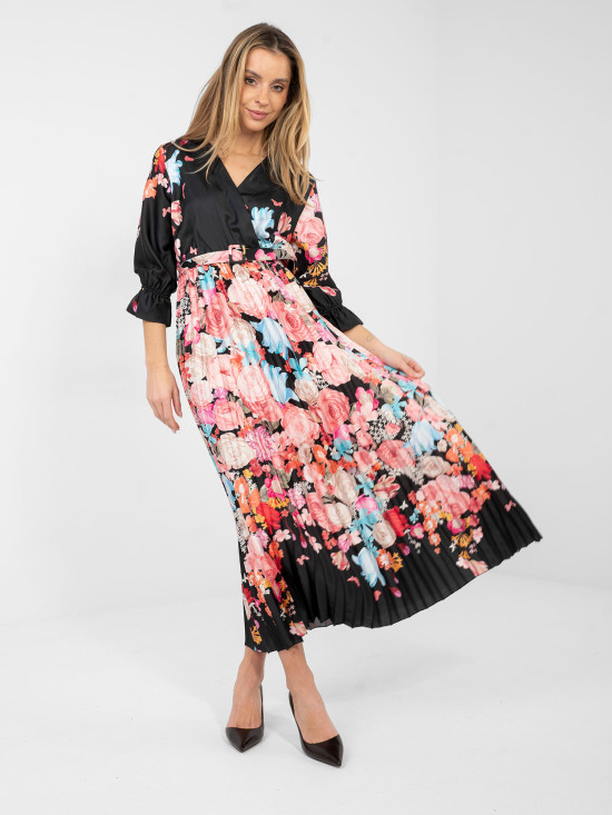 Črna maksi obleka s cvetličnim vzorcem in pasom