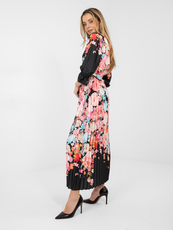 Črna maksi obleka s cvetličnim vzorcem in pasom