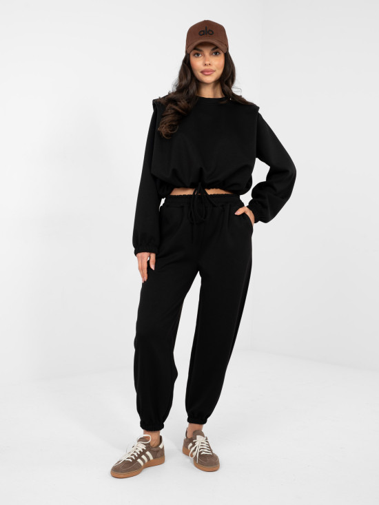 Črn ženski komplet z zavezovanjem in ramenskimi blazinicami