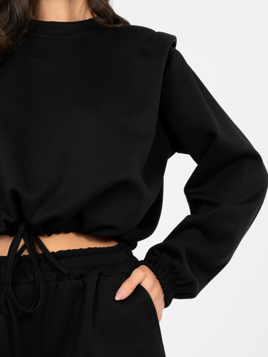 Črn ženski komplet z zavezovanjem in ramenskimi blazinicami