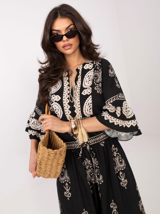 Ženski komplet s potiskom in zavezovanjem, črn