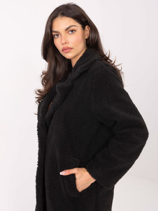 Črn ženski plašč s podlogo in žepi