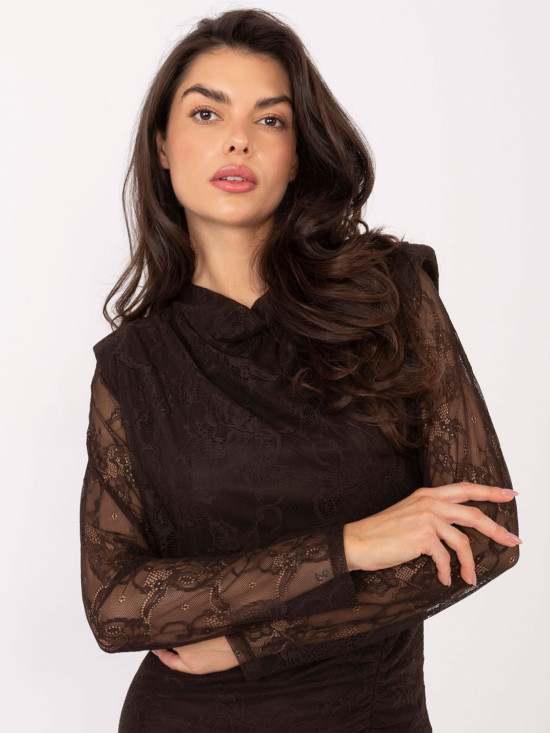 Elegantna midi oprijeta obleka s čipko v rjavi barvi