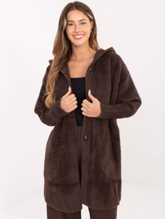 Ženski prehodni plašč s kapuco v rjavi barvi