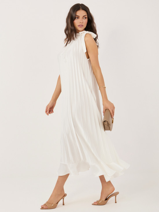 Elegantna midi obleka z volanom in zavezovanjem, ecru