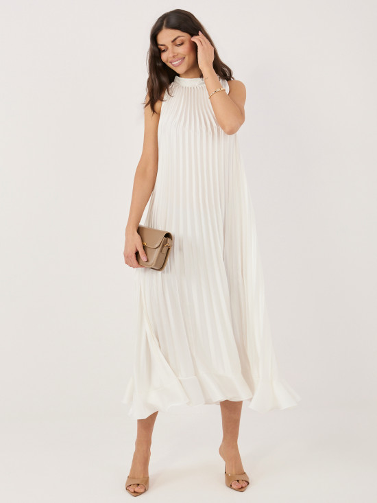 Elegantna midi obleka z volanom in zavezovanjem, ecru