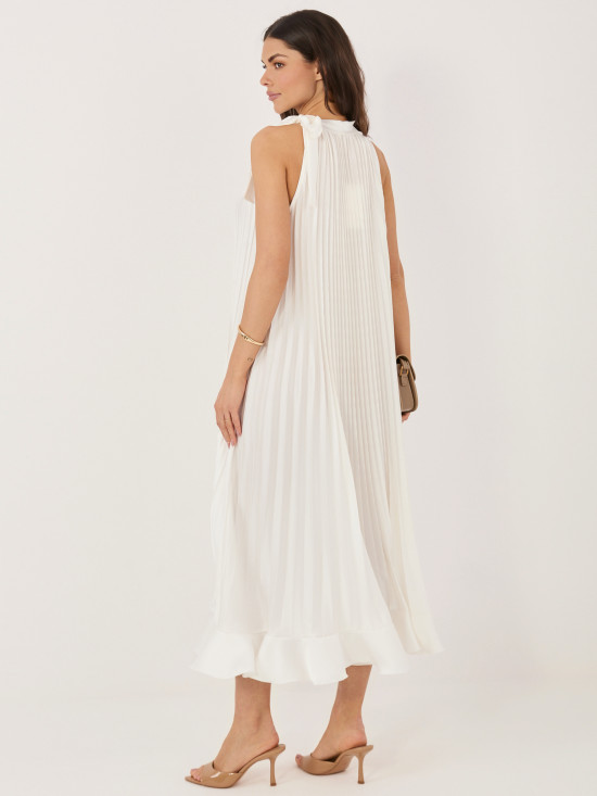 Elegantna midi obleka z volanom in zavezovanjem, ecru