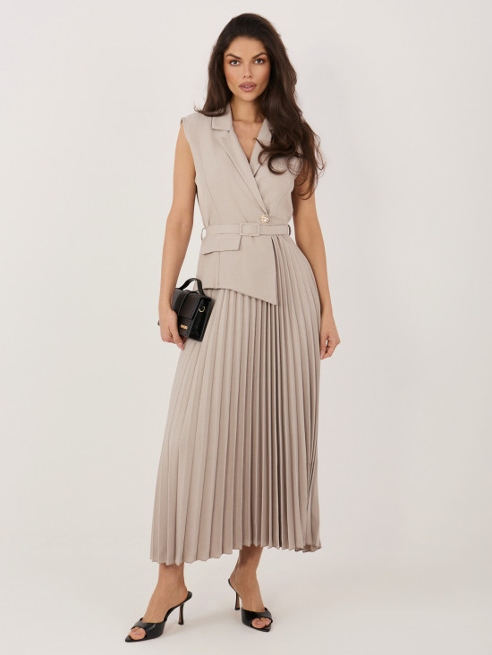 Elegantna bež midi obleka s pasom in bleščicami