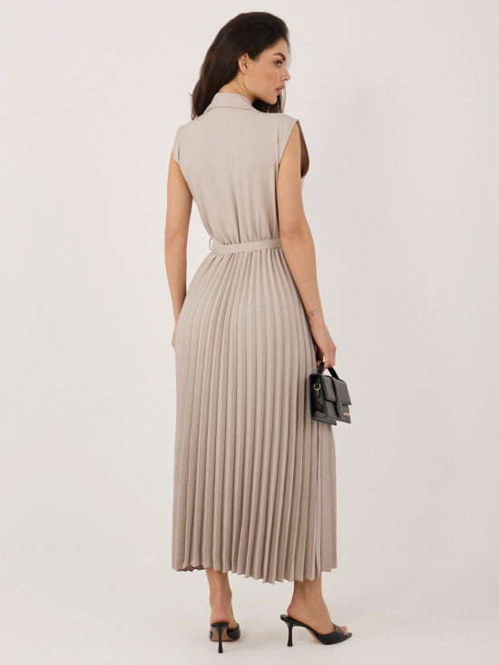 Elegantna bež midi obleka s pasom in bleščicami