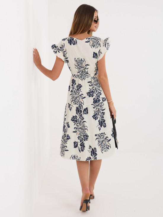 Modra midi obleka s potiskom in pasom