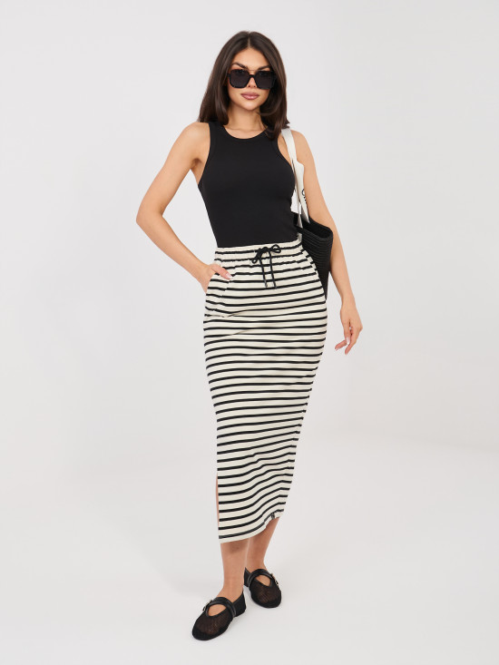 Bež midi krilo s črtami in žepi