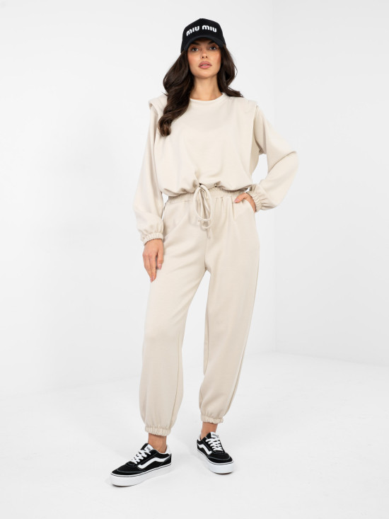 Ženski bež komplet z dolgimi rokavi in zavezovanjem