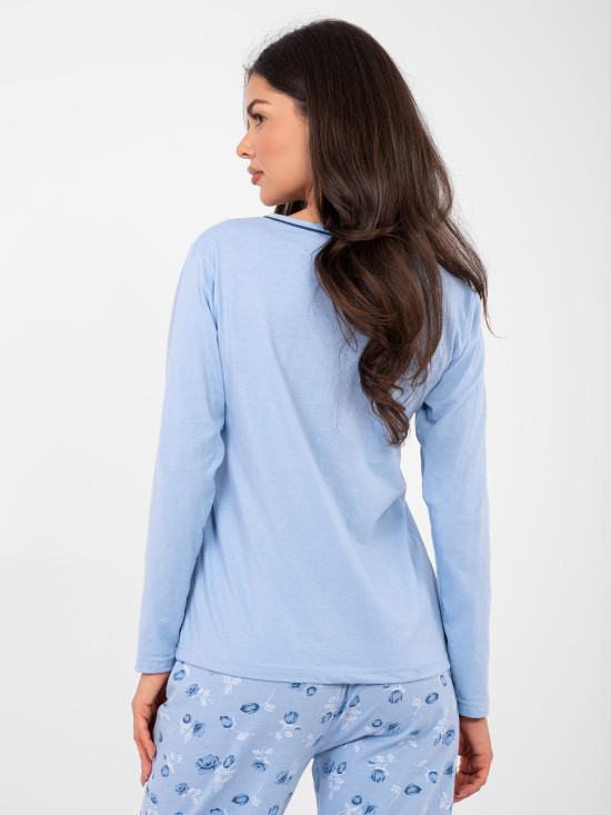 Ženska bombažna pižama s cvetličnim vzorcem, modra