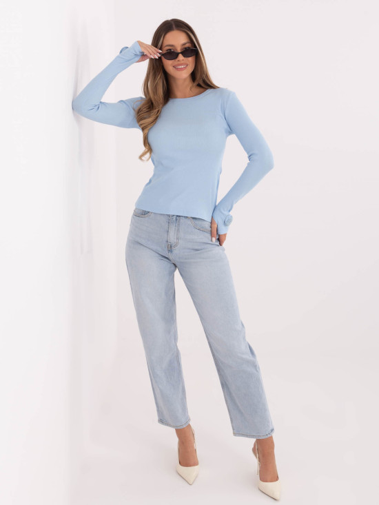 Ženska svetlo modra rebrasta bluza z dolgimi rokavi