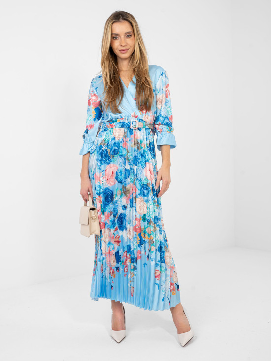 Maksimalna obleka s cvetličnim vzorcem in pasom, modra