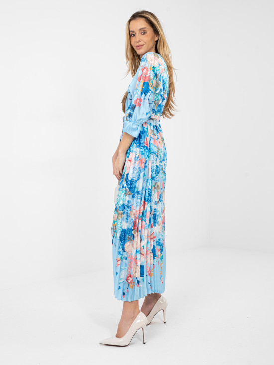 Maksimalna obleka s cvetličnim vzorcem in pasom, modra