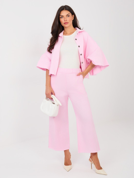 Kratka roza jeans jakna z volanom