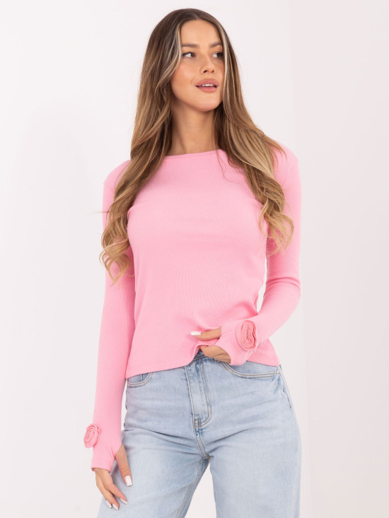 Svetlo roza rebrasta bluza z dolgimi rokavi