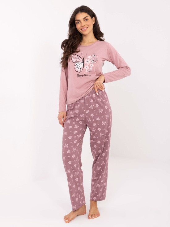 Ženska bombažna pižama s potiskom, roza