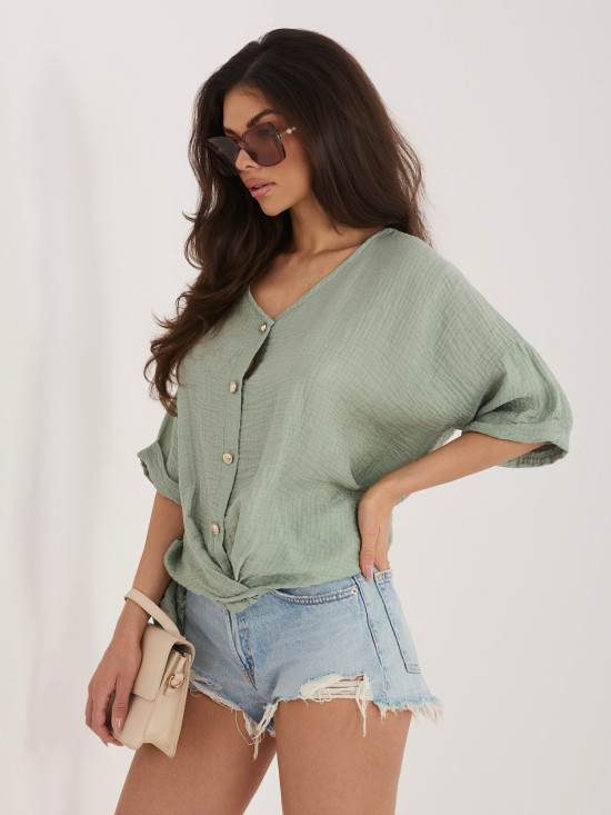 Moderna khaki bluza z V-izrezom in kratkimi rokavi