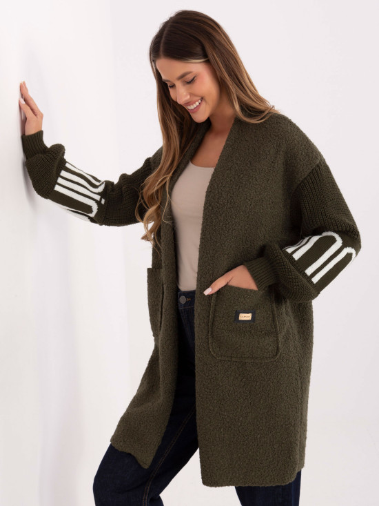 Sodoben khaki kardigan z žepi in napihnjenimi rokavi