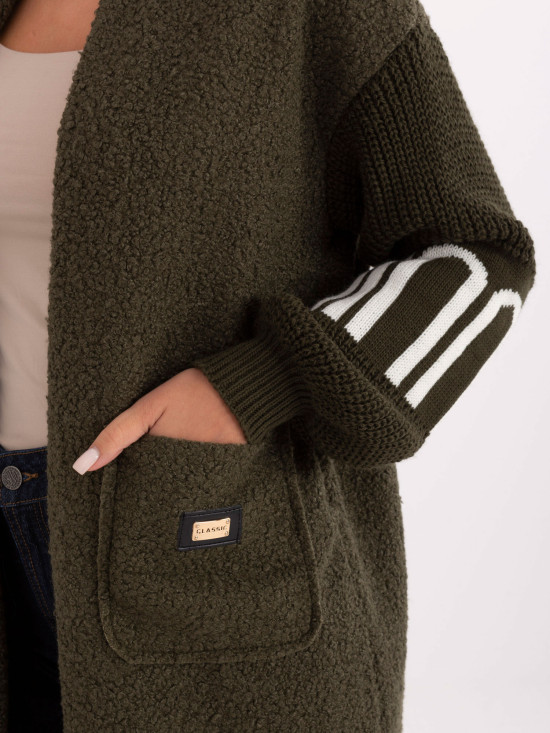 Sodoben khaki kardigan z žepi in napihnjenimi rokavi