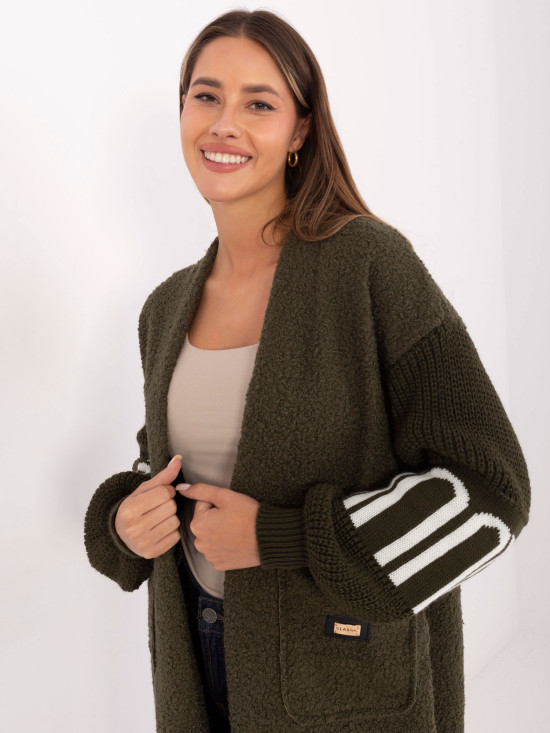 Sodoben khaki kardigan z žepi in napihnjenimi rokavi