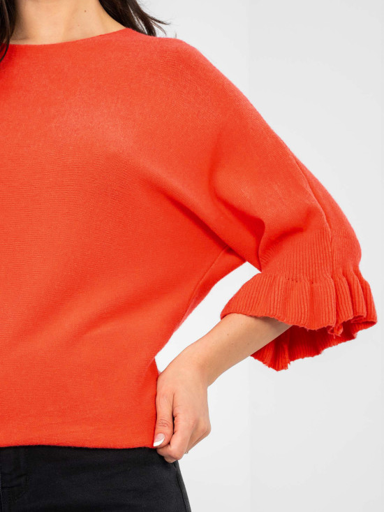 Eleganten koralni pulover s 3/4 rokavi in volanom